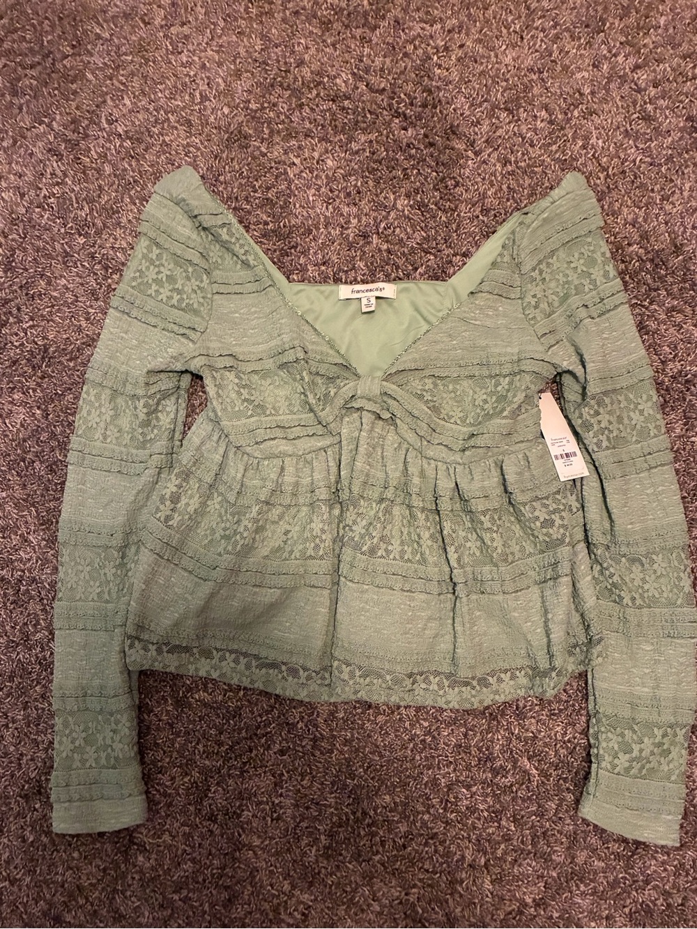 Francesca's Collections Sage Green Lace Tie-Front Long Sleeve Top